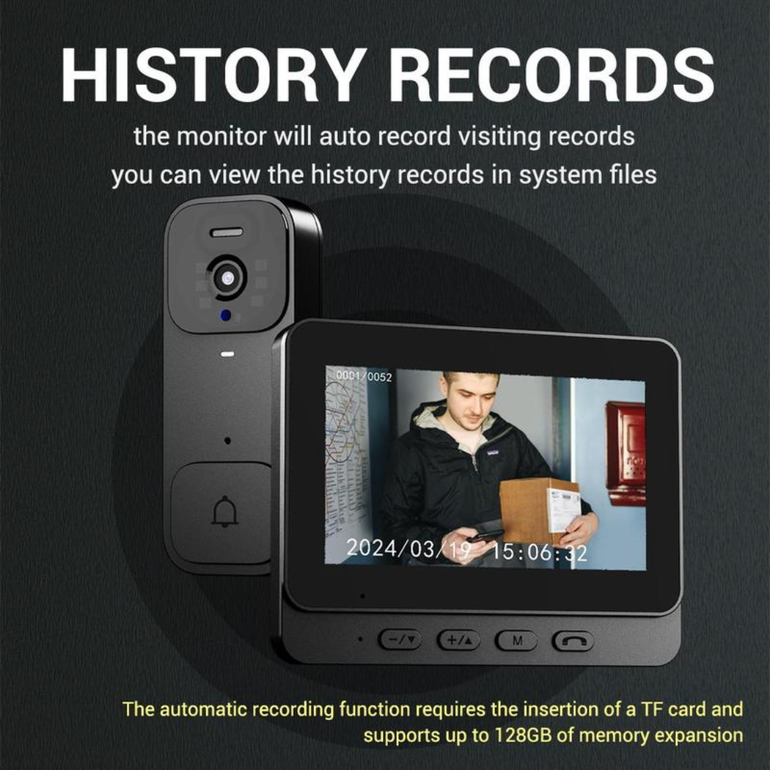 Wireless video doorbell monitor showing person at front door